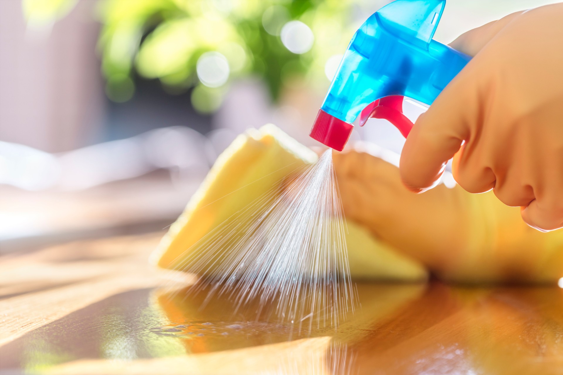 Cleaning with spray detergent, rubber gloves and dish cloth on work surface